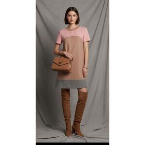 NWT PAULE KA PARIS Pink/Tan Color Block Short Sleeves Virgin Wool Dress Size 6